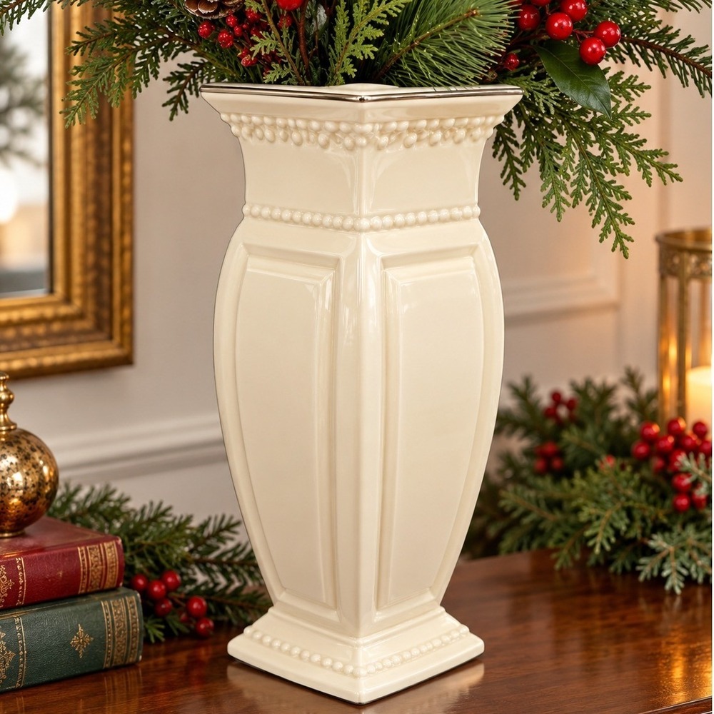 Lenox Ivory Fine China Square Tapered Vase Platinum Trim Beaded Relief 9.5 Inch
